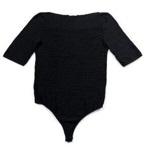 WOLFORD black short sleeve pintuck knit bodysuit top blouse size M.